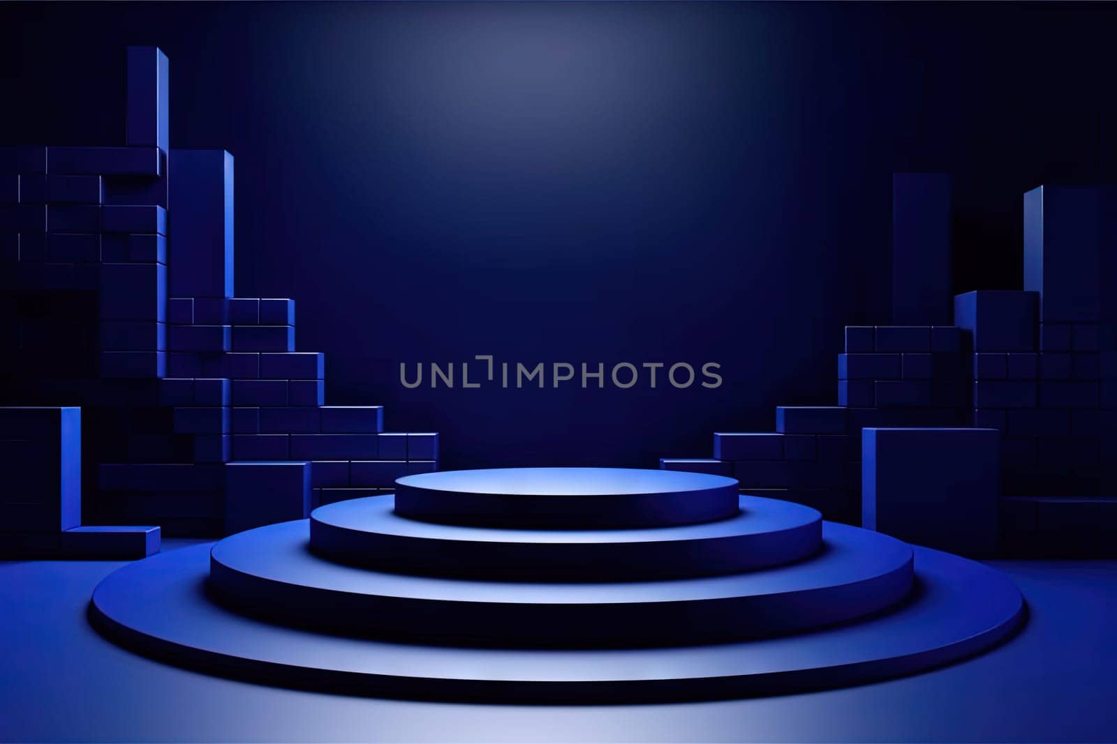 Dark blue pedestal in black room with geometric shapes. Podium for product showcase. Generated AI