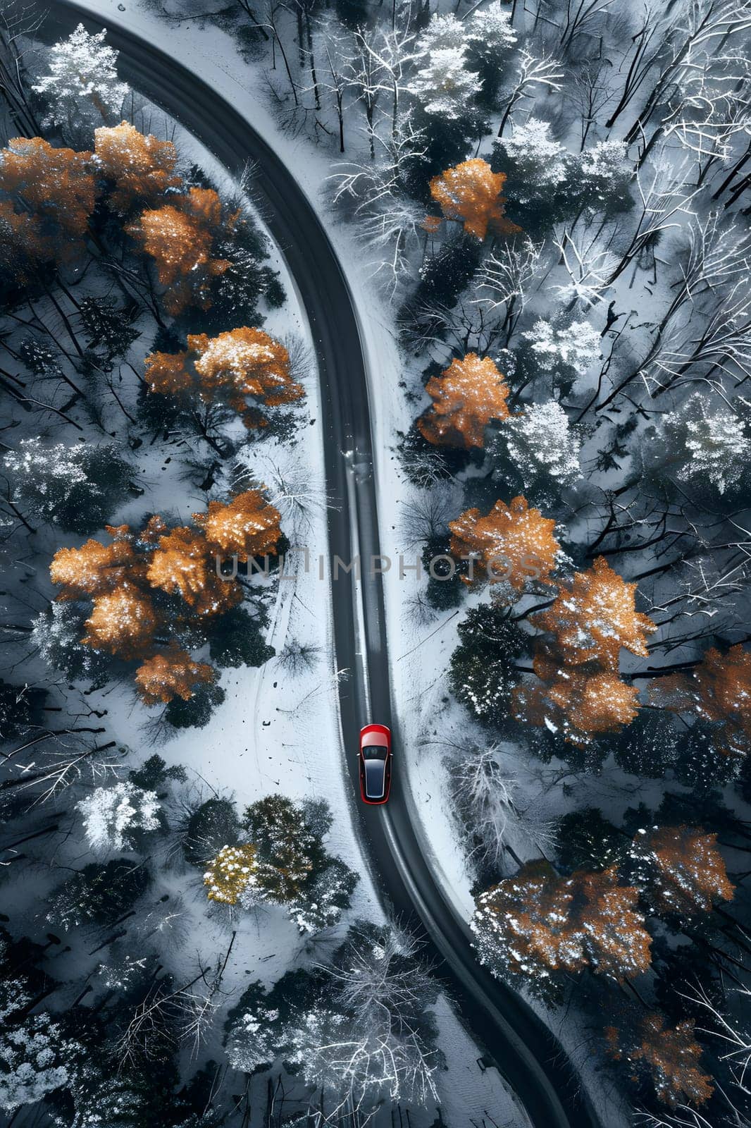 An aerial view of a car with automotive tire driving on a snowy road, passing by trees and plantcovered landscape