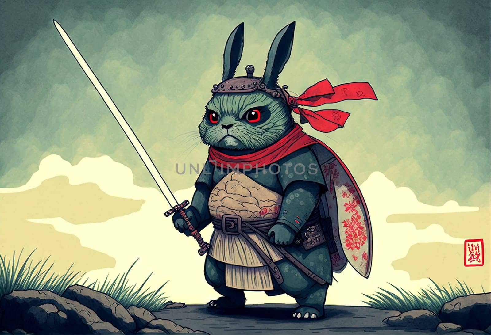 Rabbit samurai in traditional drawing style. Japanese styled art with hare in kimono