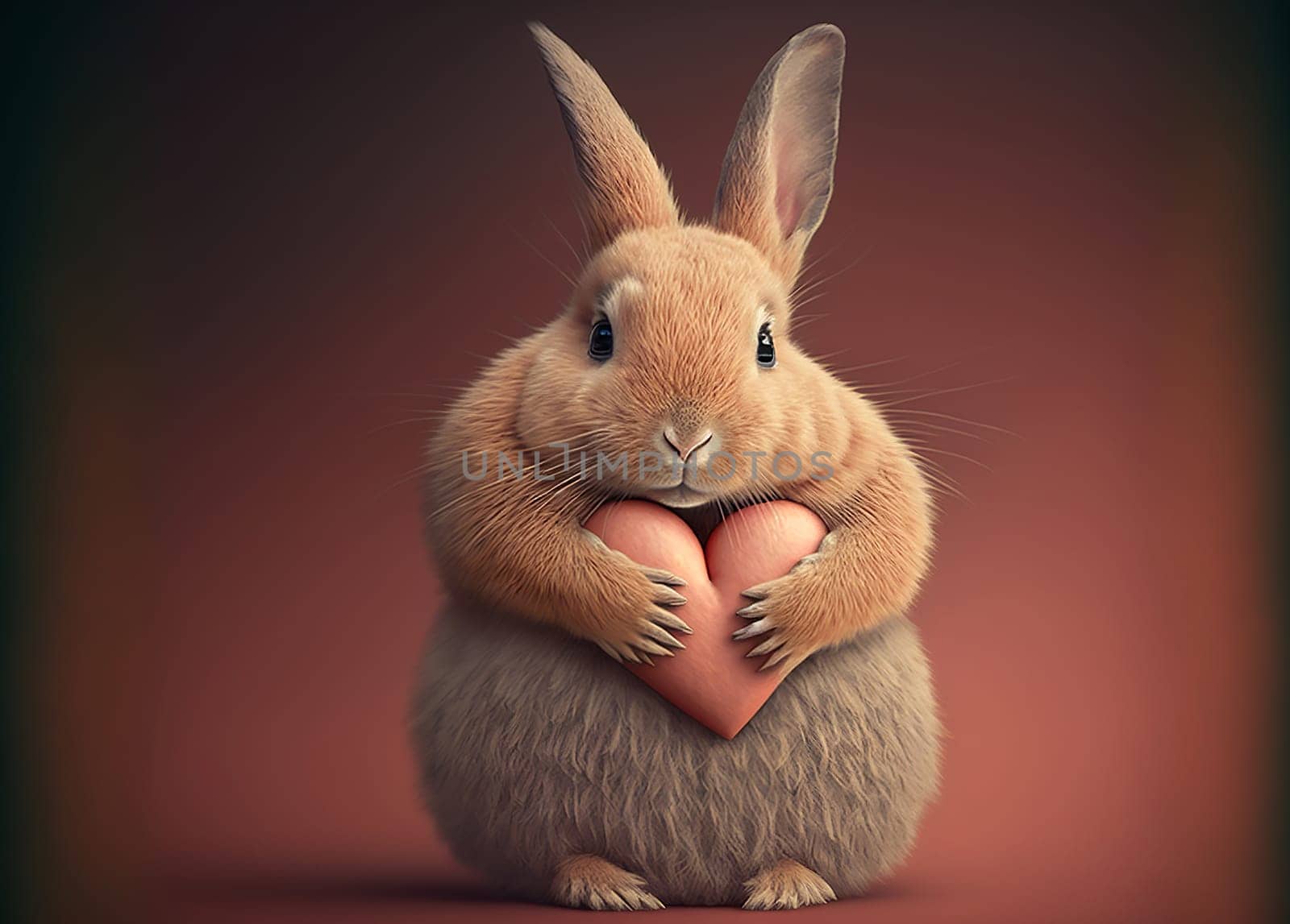 Cute fluffy rabbit hugging red heart. Valentine's Day greetings from romantic bunny holding heart. Generative AI