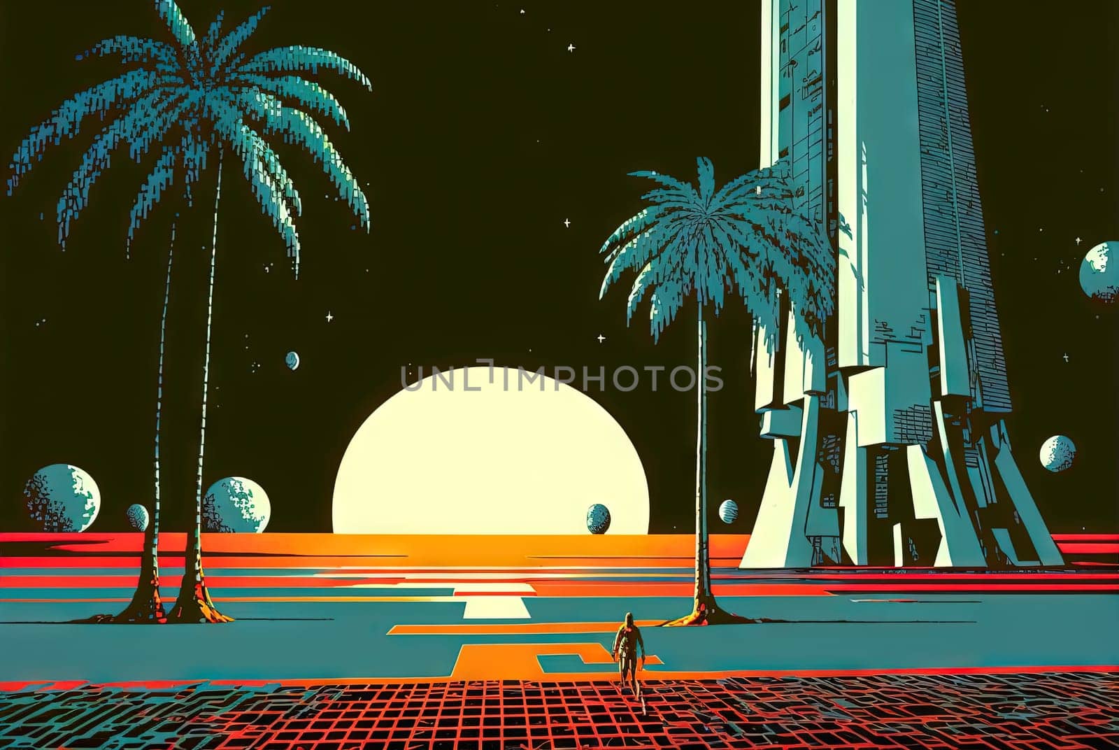 Retrofuturistic landscape in 80s sci-fi style. Retro science fiction scene with futuristic buildings. Generated AI