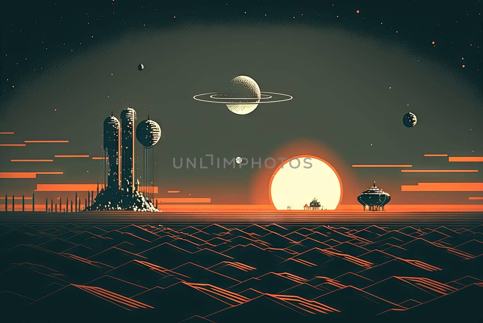 Retro styled sci-fi landscape with mountains. Retro futuristic science fiction illustration in drawing style with alien sun. Generated AI