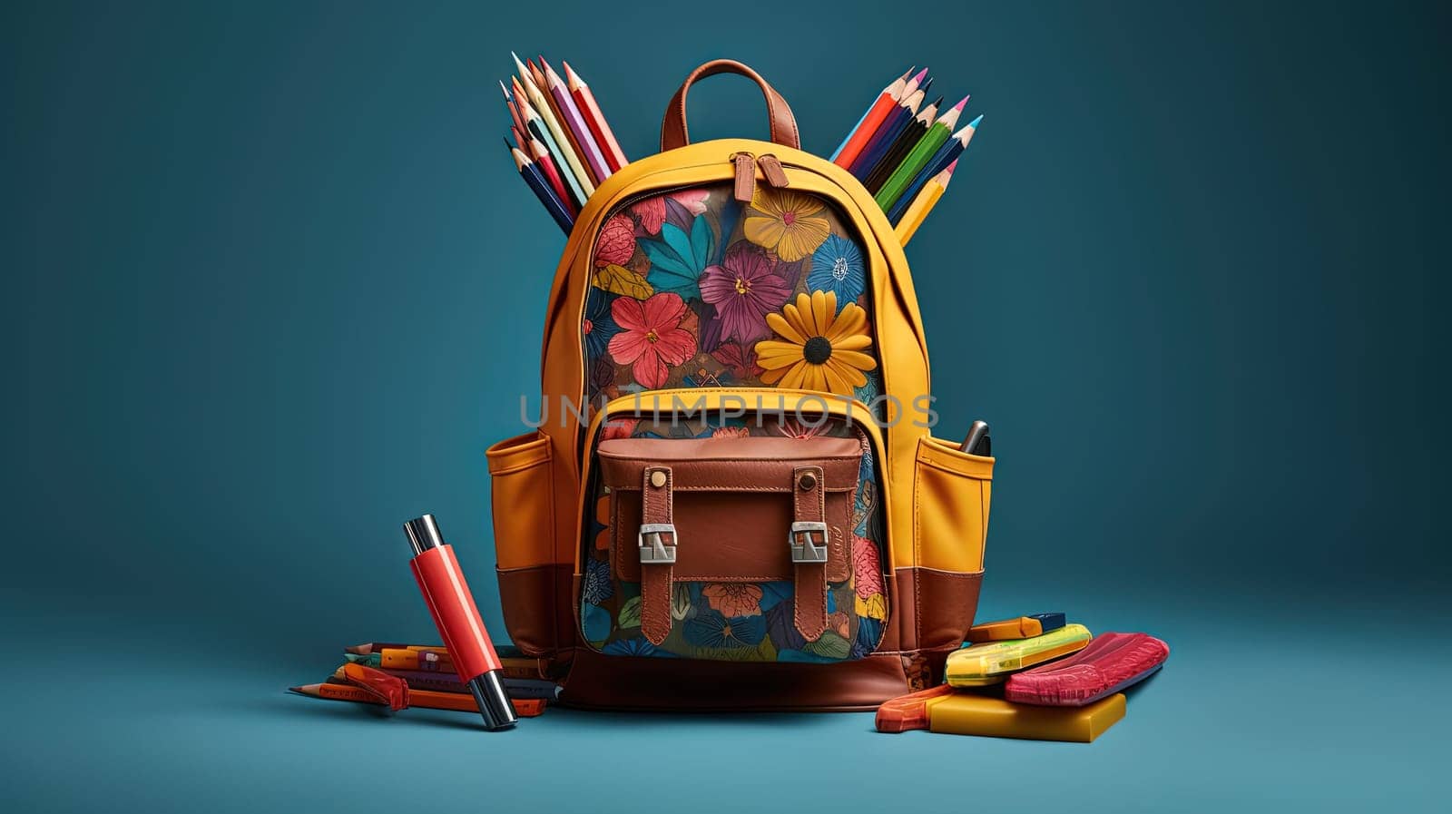 School backpack with colorful learning supplies. Back to school concept. Generated AI