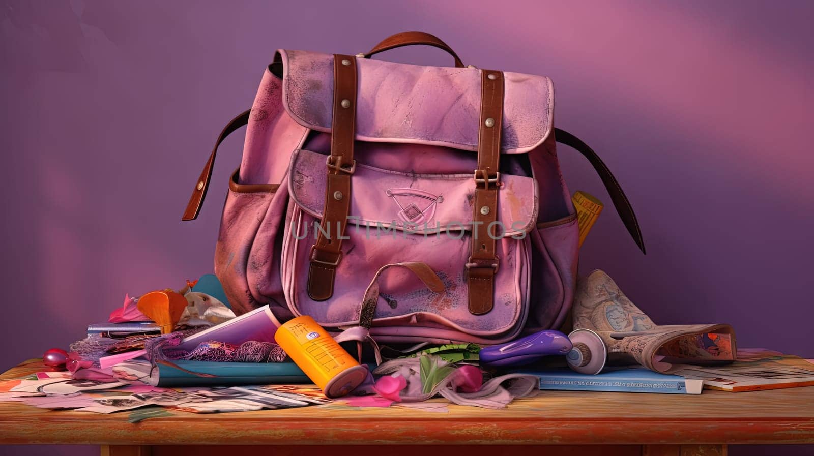 School backpack with colorful learning supplies. Back to school concept. Generated AI