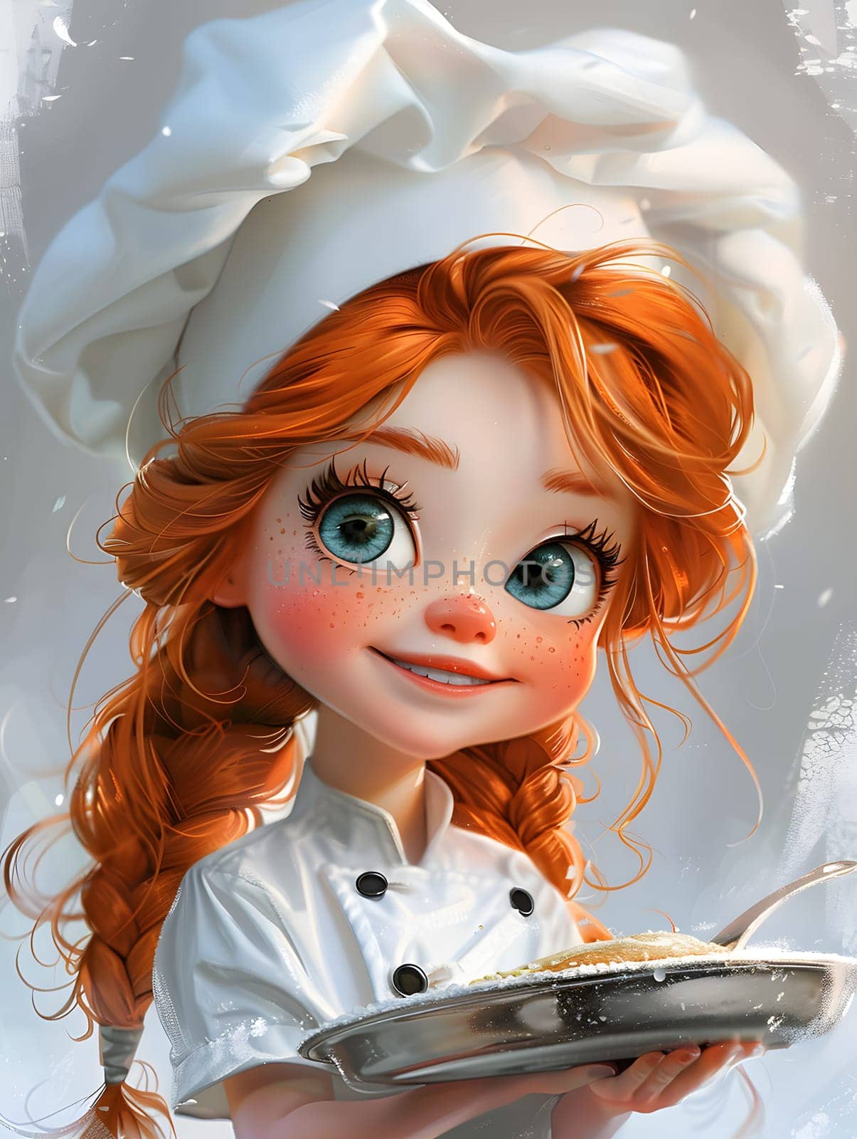 A cartoon girl with brown hair, bangs, and eyelash is wearing a chefs hat as a fashion accessory. She is holding a plate of food with a smile on her face