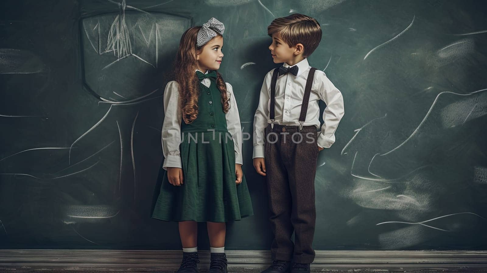 School pupil, boy and girl standing in front of black board. School children couple. Generated AI