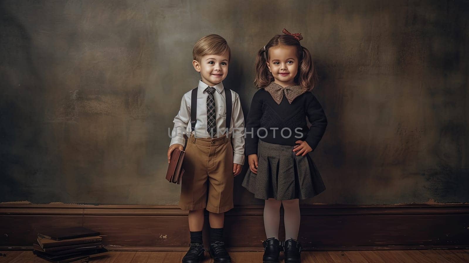 School pupil, boy and girl standing in front of black board. School children couple. Generated AI