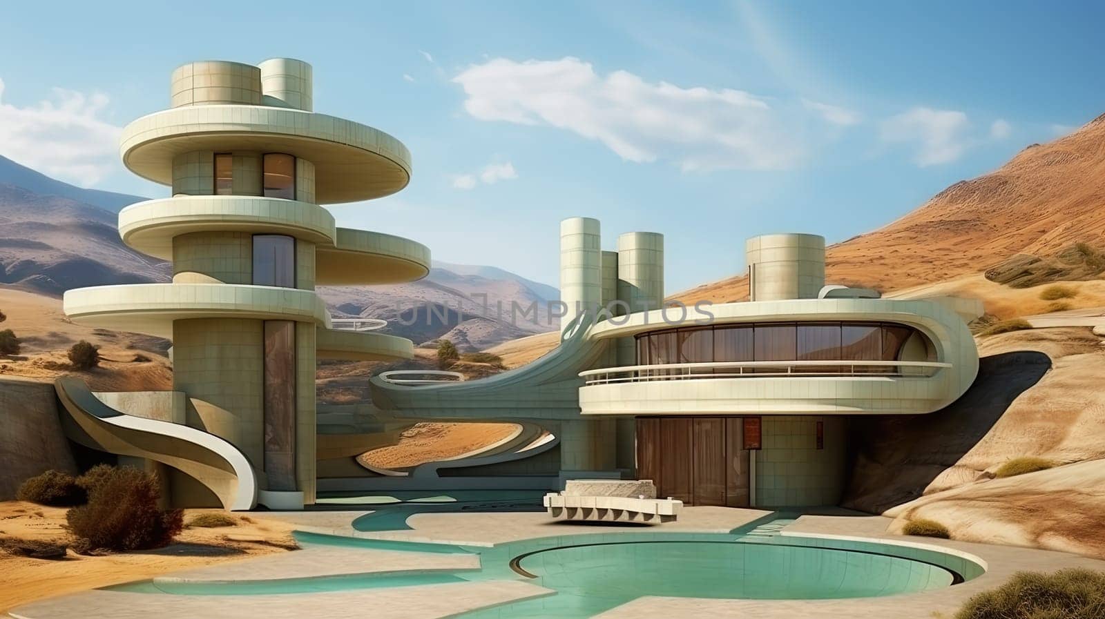 Retro futuristic architecture in sci-fi scene on the desert planet. Alien landscape with nostalgic retro future constructions. Generated AI