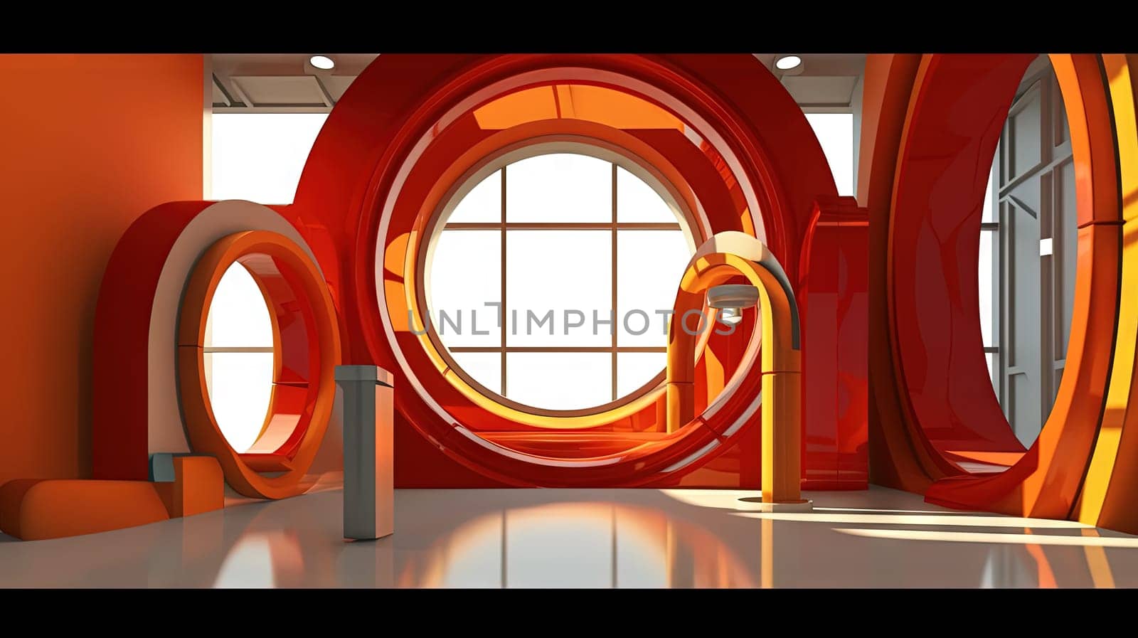 Spaceship or lab interior in retro futuristic sci-fi style with round doors. Generated AI