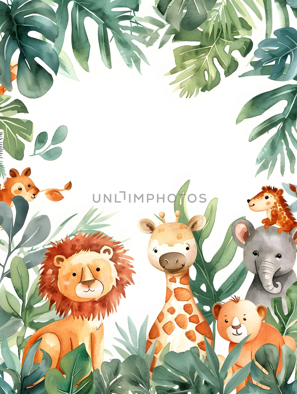 Four mammals lion, giraffe, elephant, and bear stand in the jungle by Nadtochiy