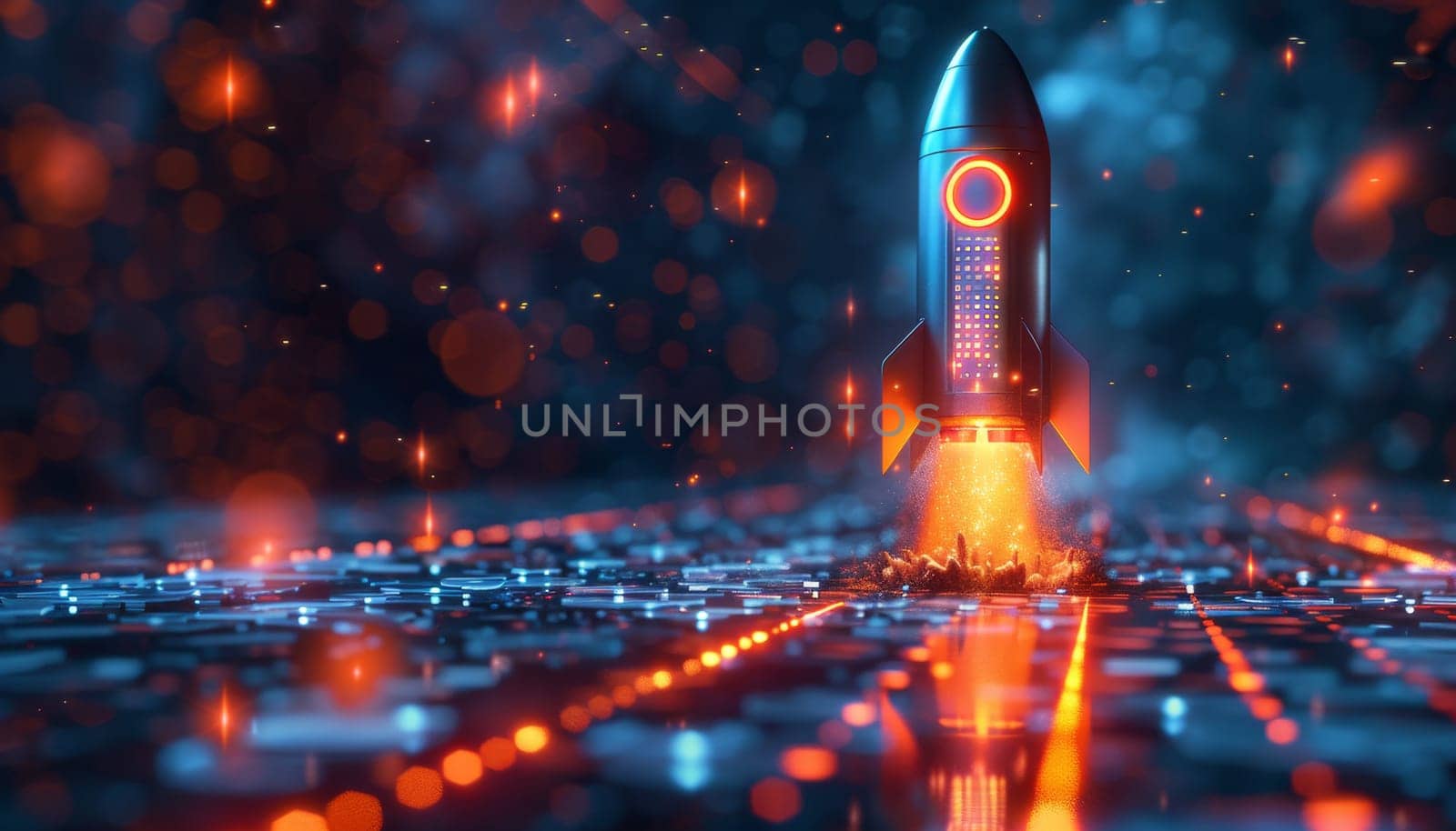 A rocket is flying through a city with a bright orange trail behind it by AI generated image.