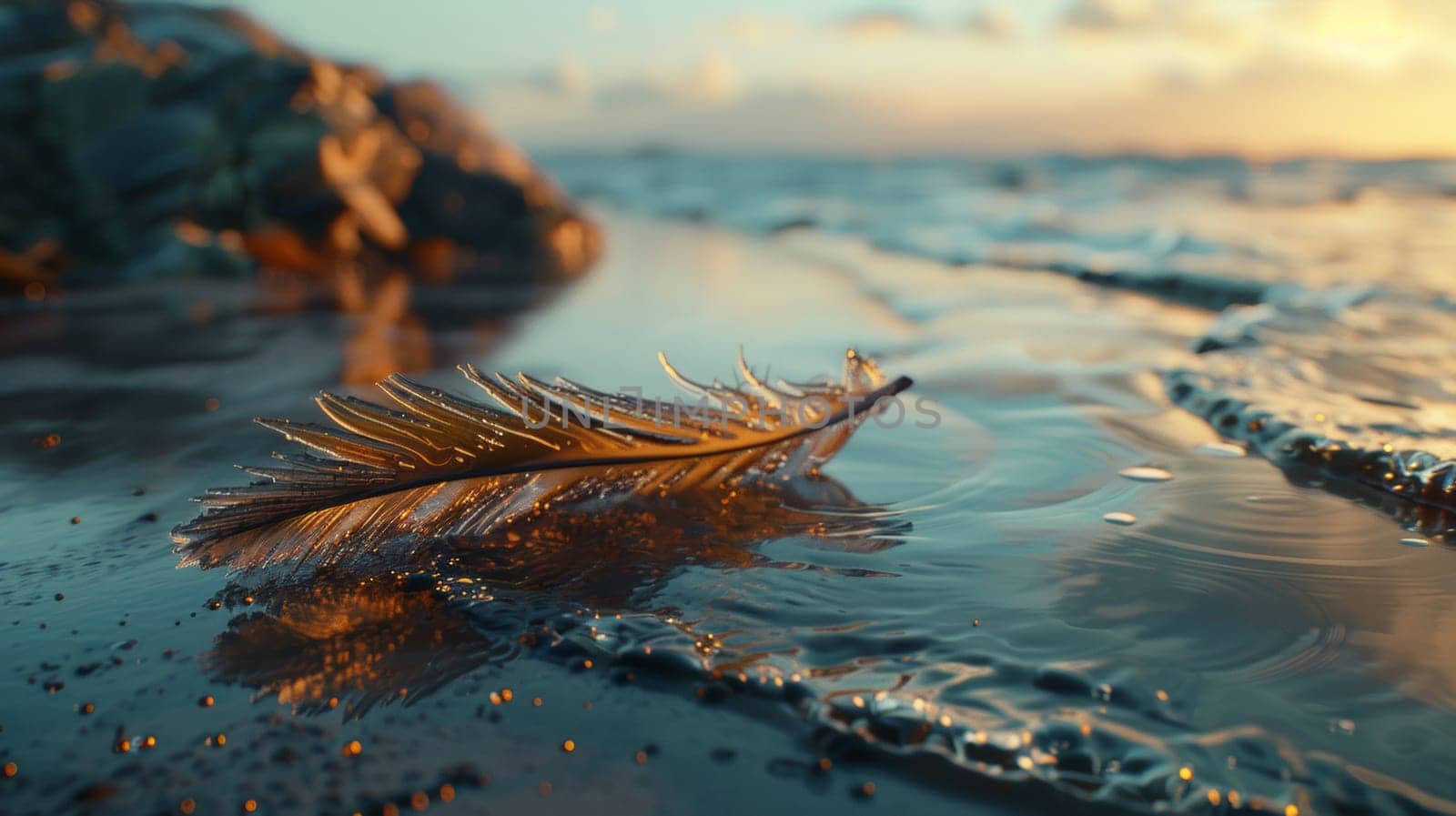 A feather laying on the beach next to a body of water