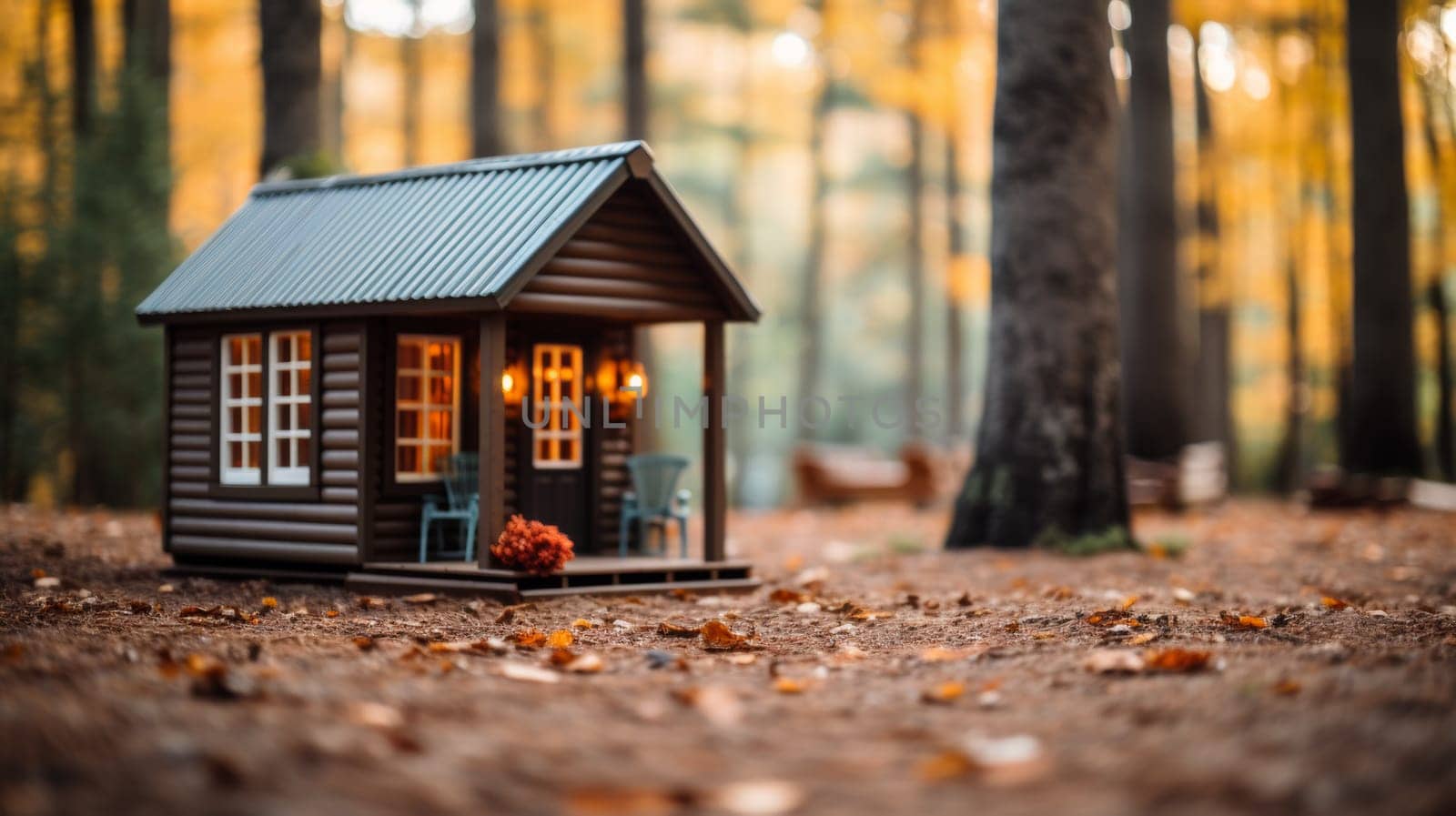 A miniature house sitting in the middle of a forest