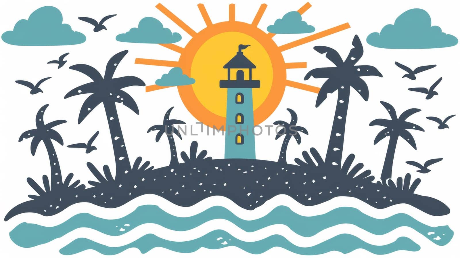 A lighthouse and palm trees on a beach with birds flying around