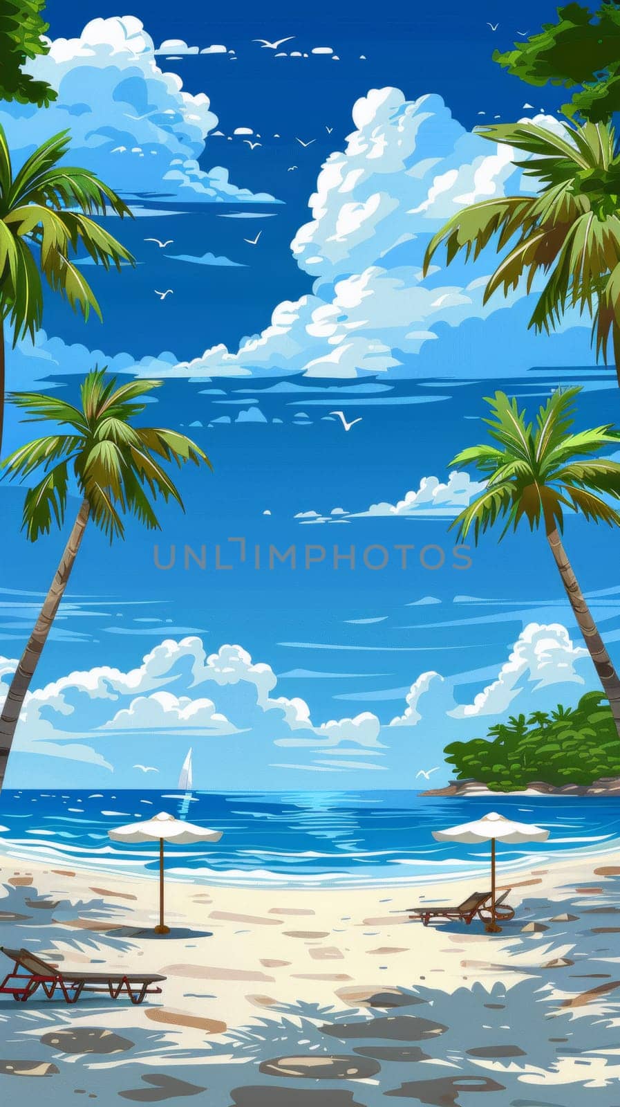 A beach scene with palm trees and umbrellas on the sand