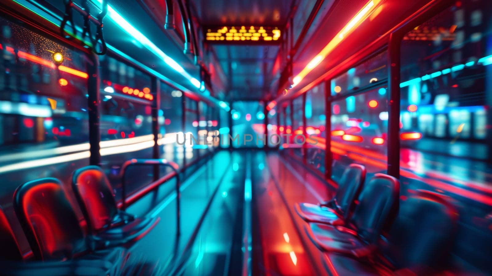 A blurry image of a bus with many seats and neon lights