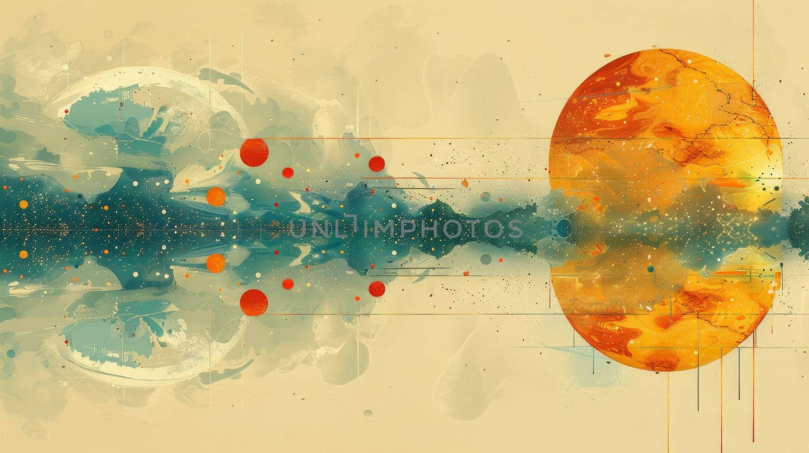 A painting of an orange and a yellow orb with dots in the background