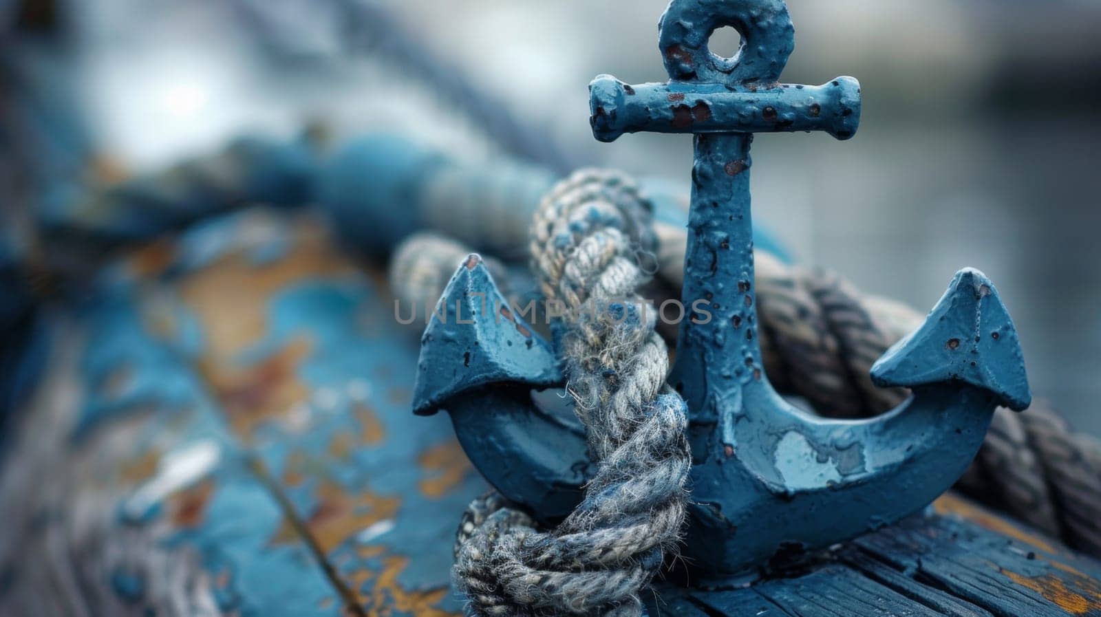 A close up of a blue anchor on top of wood