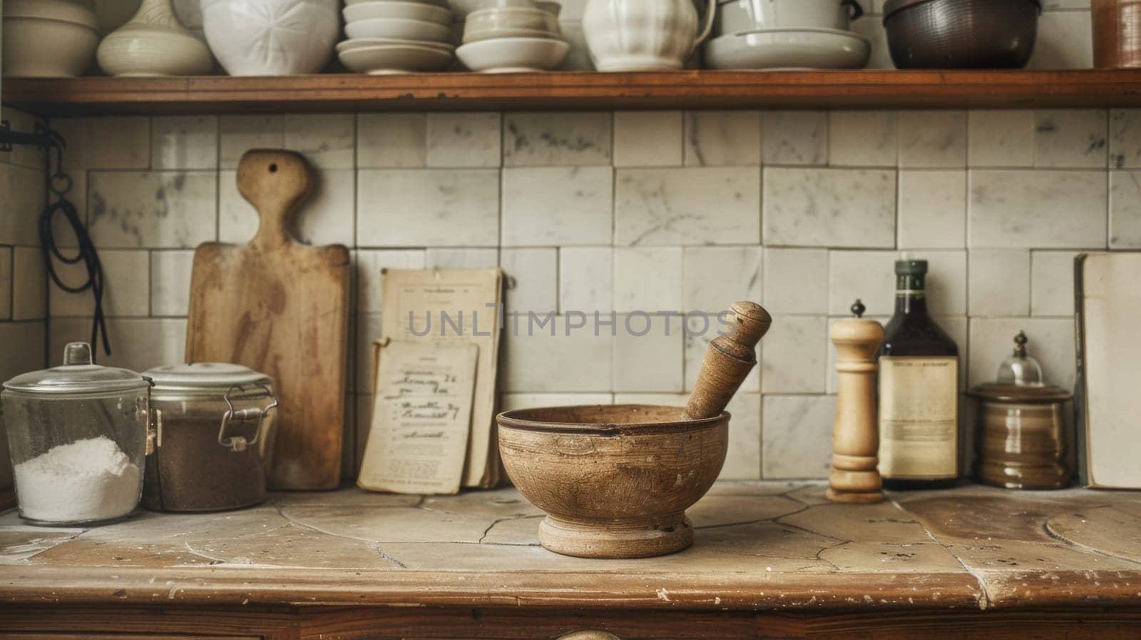 A mortar and pestle on a counter top with jars of spices