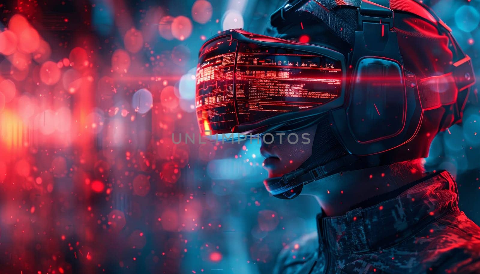 A man wearing a VR headset is looking at a blue background with red sparks by AI generated image.