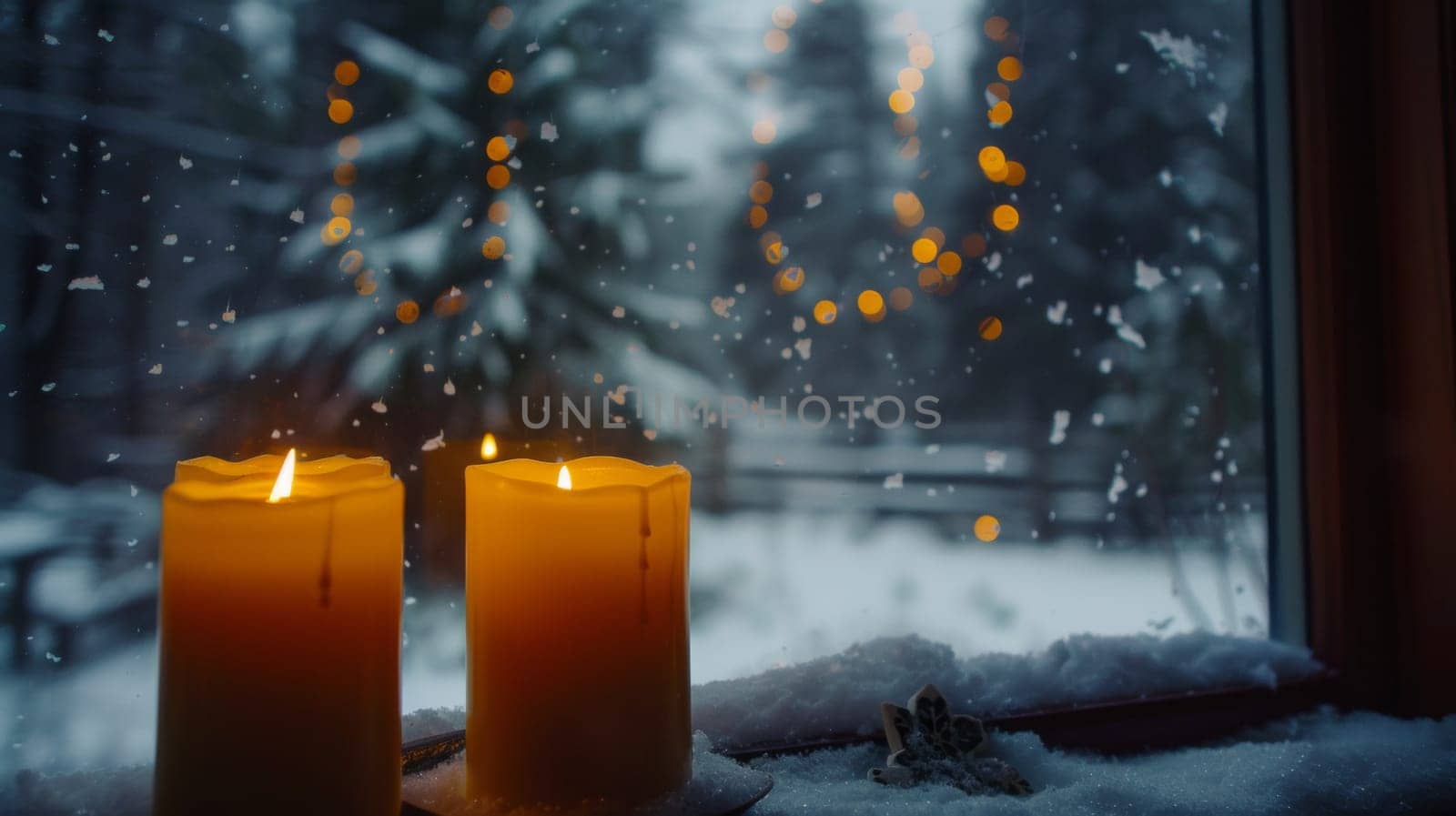 Two candles sitting on a window sill in front of snow