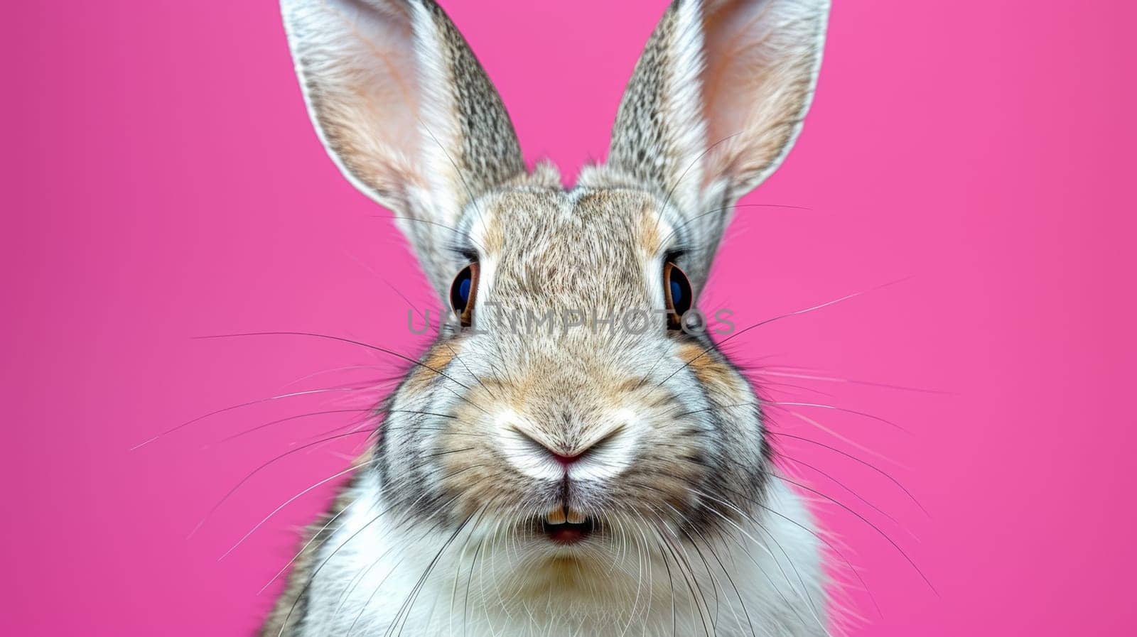 A rabbit with a big smile on its face against pink background
