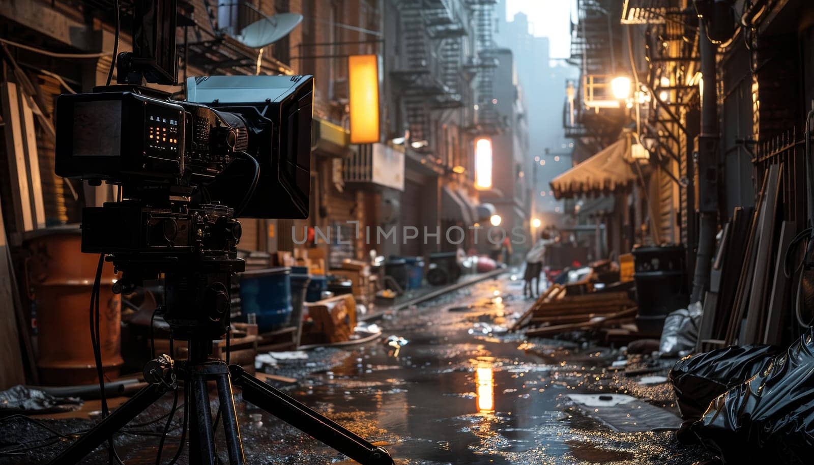 A camera is set up in a city street with a lot of trash and debris by AI generated image by wichayada