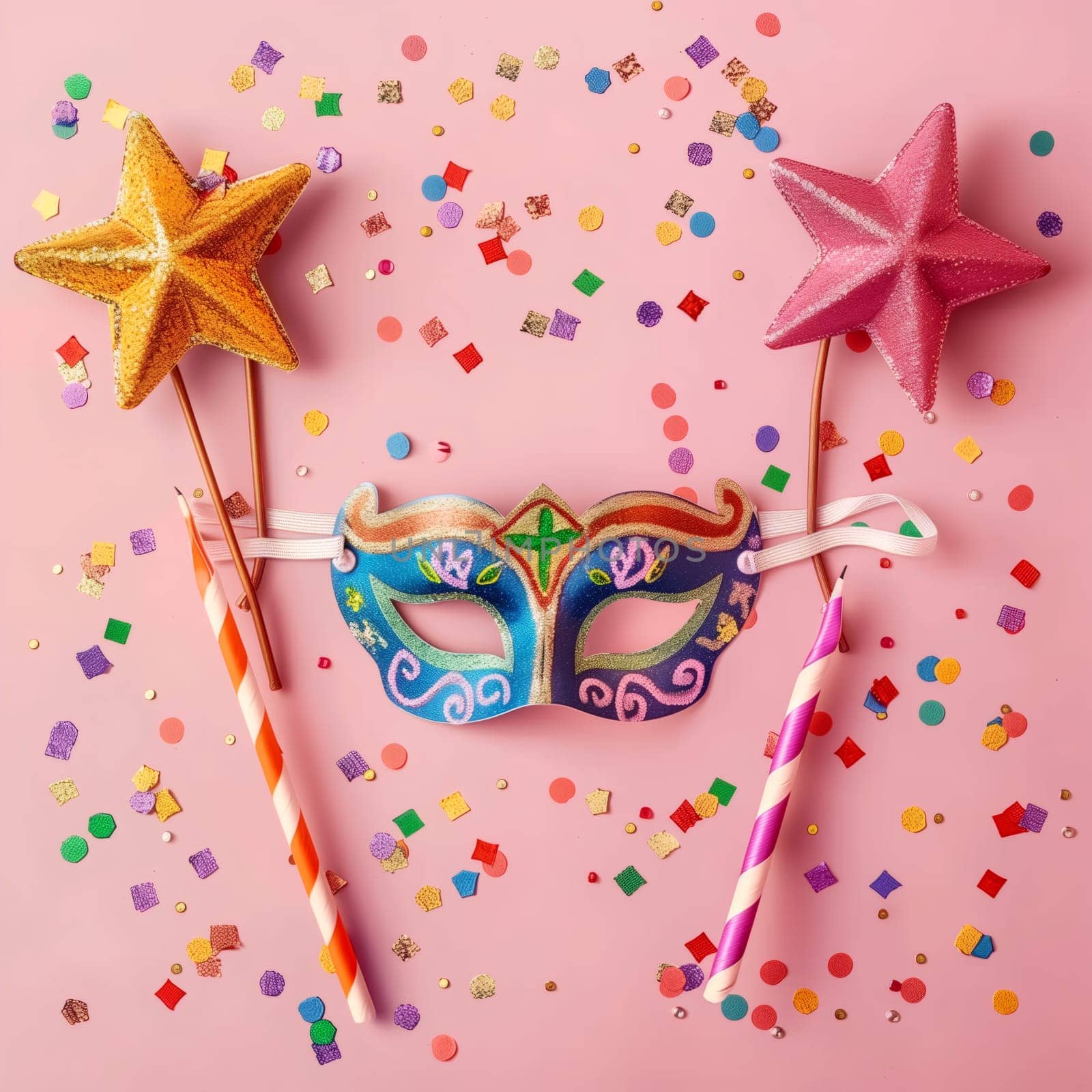 One colorful masquerade mask with two candles, two stars and scattered confetti on a pink background, flat lay close-up.