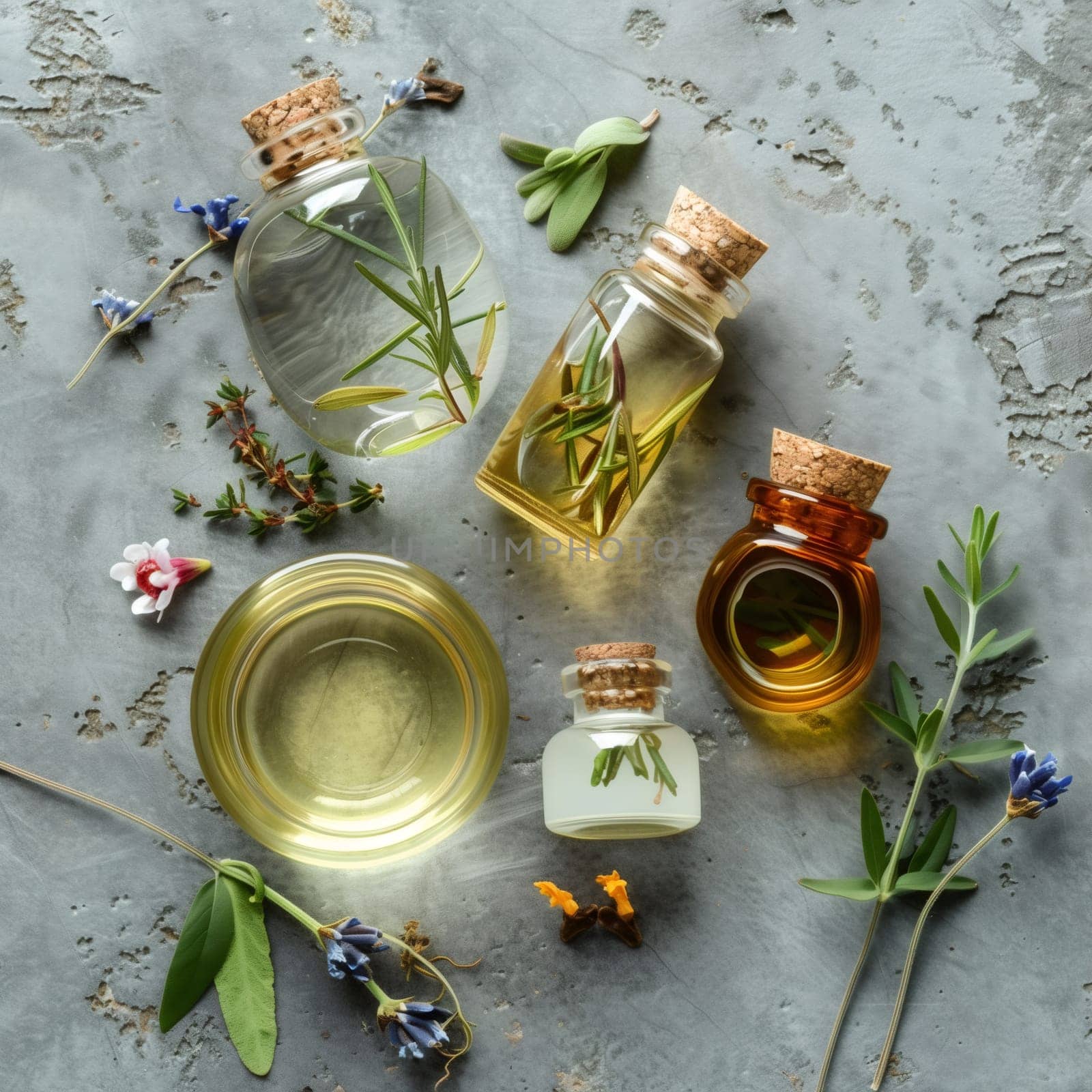 Five glass jars with aromatic oils, medicinal flowers and rosemary branches lie on a gray background, flat lay close-up.