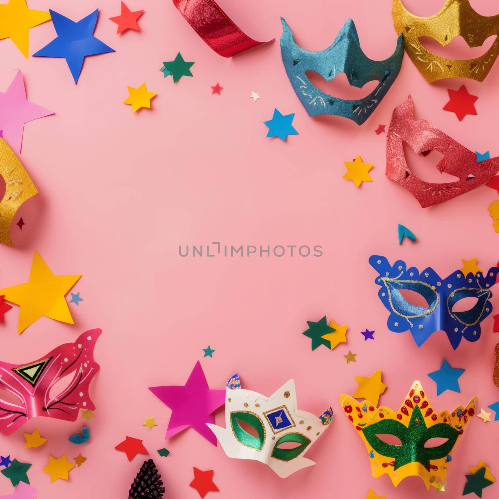 Homemade colorful masquerade mask, paper stars, tinsel and scattered confetti lie in a round frame on a pink background with copy space in price, flat lay close-up.