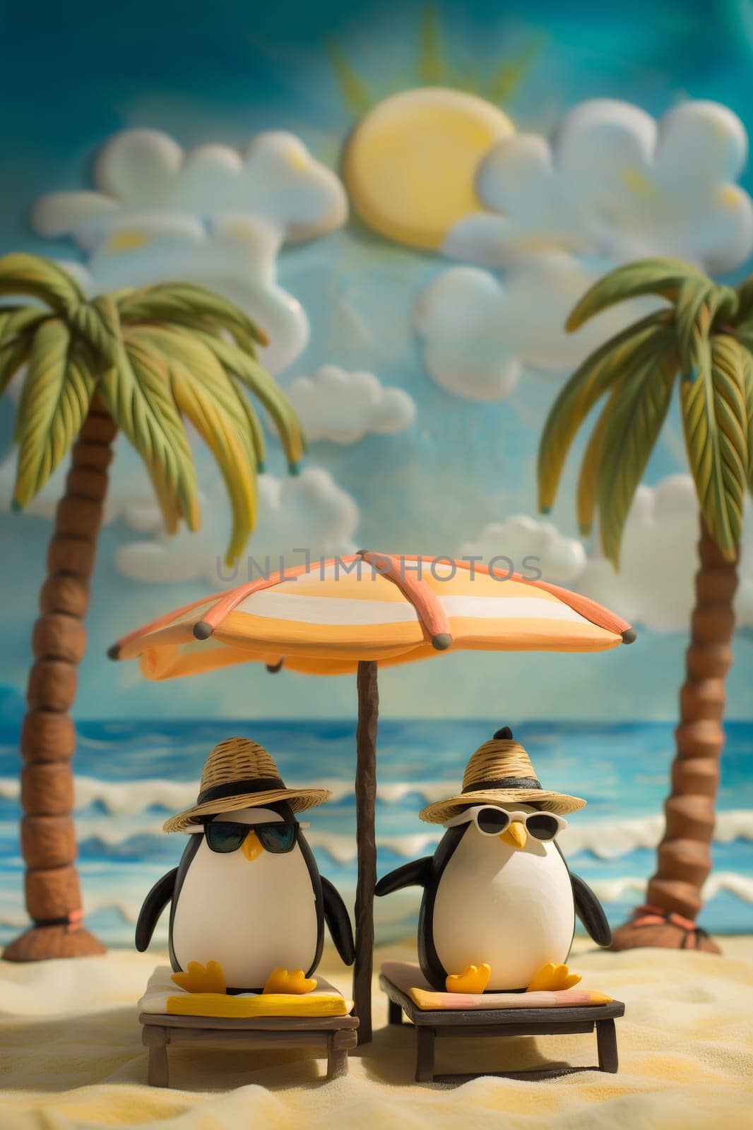 Two small plasticine penguins are sitting on sun loungers under an umbrella on the sandy seashore among palm trees, close-up side view.