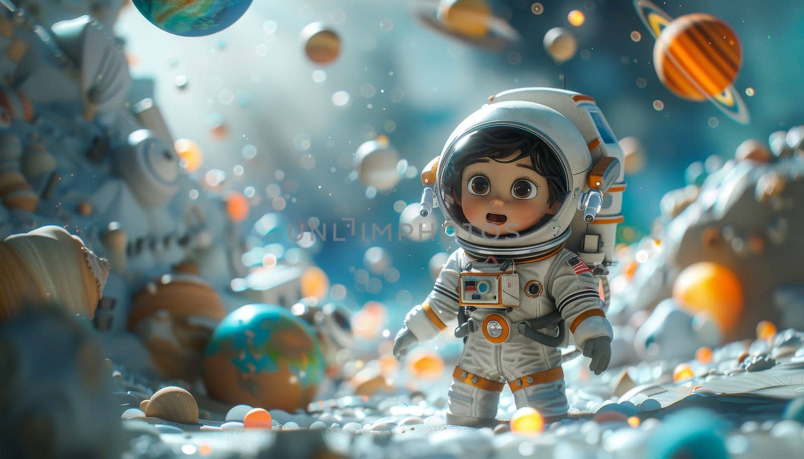 A cartoon astronaut is standing in front of a pile of planets by AI generated image.
