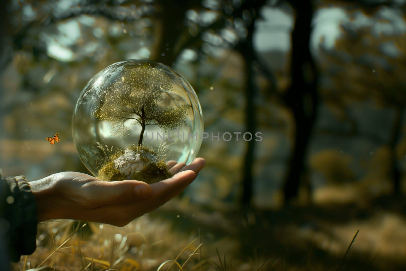 The hand of a young Caucasian unrecognizable man holds in his palm one glass ball with a tree inside it against the backdrop of a blurred forest in the early morning with copy space on the right, side view close-up.