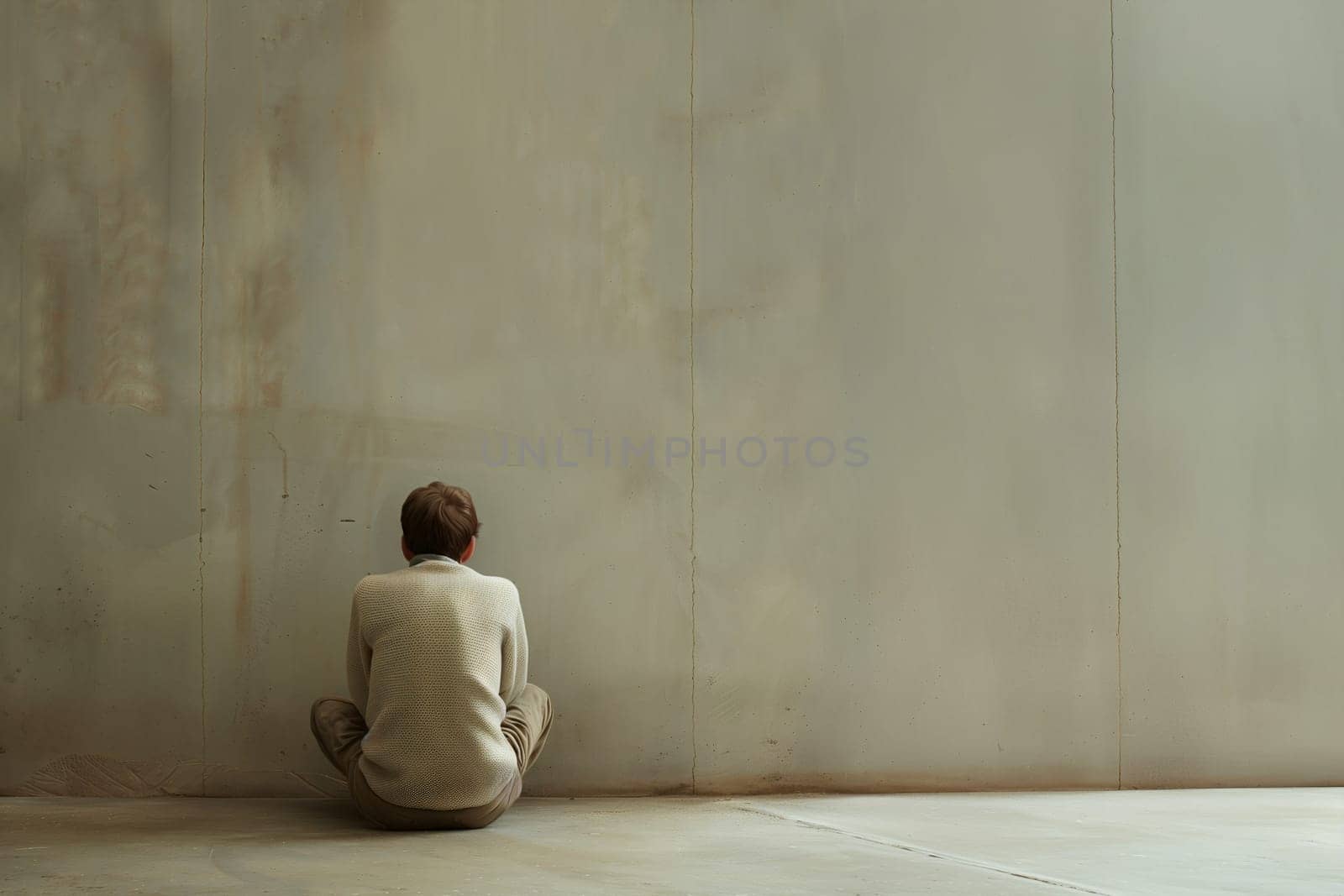 One man in beige clothes sits from the back in solitude on the left near a beige cement wall of a house with copy space on the right, close-up side view.