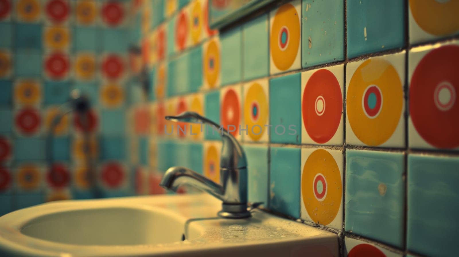 A sink with a faucet and colorful tiles on the wall