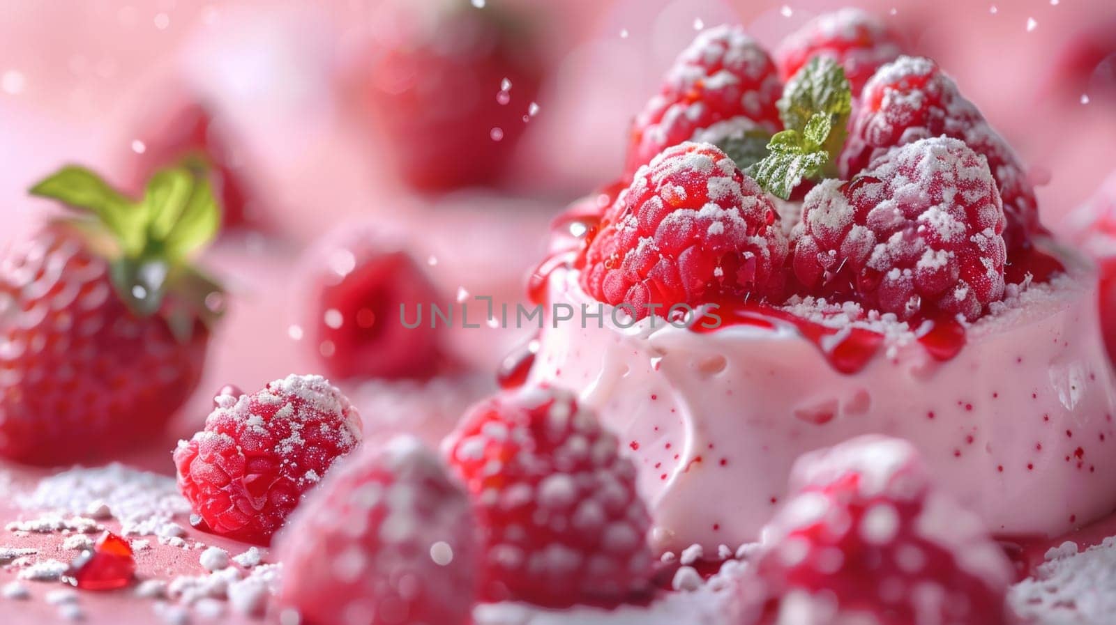 A close up of a dessert with raspberries and sprinkles on it