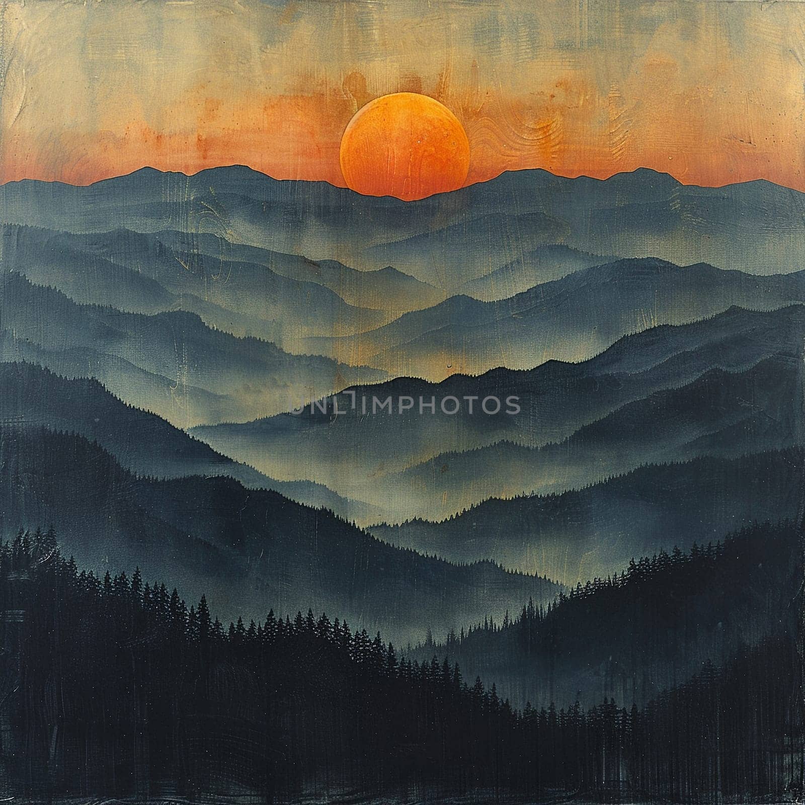 Hazy silhouette of mountains against a sunset by Benzoix