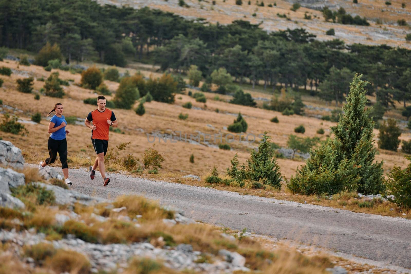 A couple dressed in sportswear runs along a scenic road during an early morning workout, enjoying the fresh air and maintaining a healthy lifestyle by dotshock