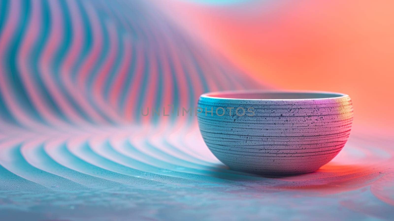 A cup sitting on a colorful background with waves in the foreground