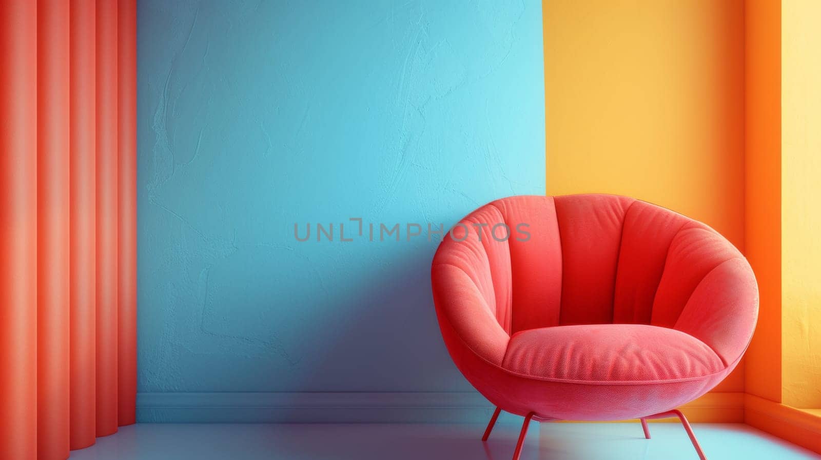 A red chair in a room with blue and orange walls