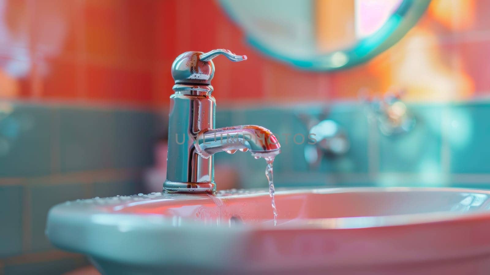 A close up of a sink with water running from the faucet, AI by starush