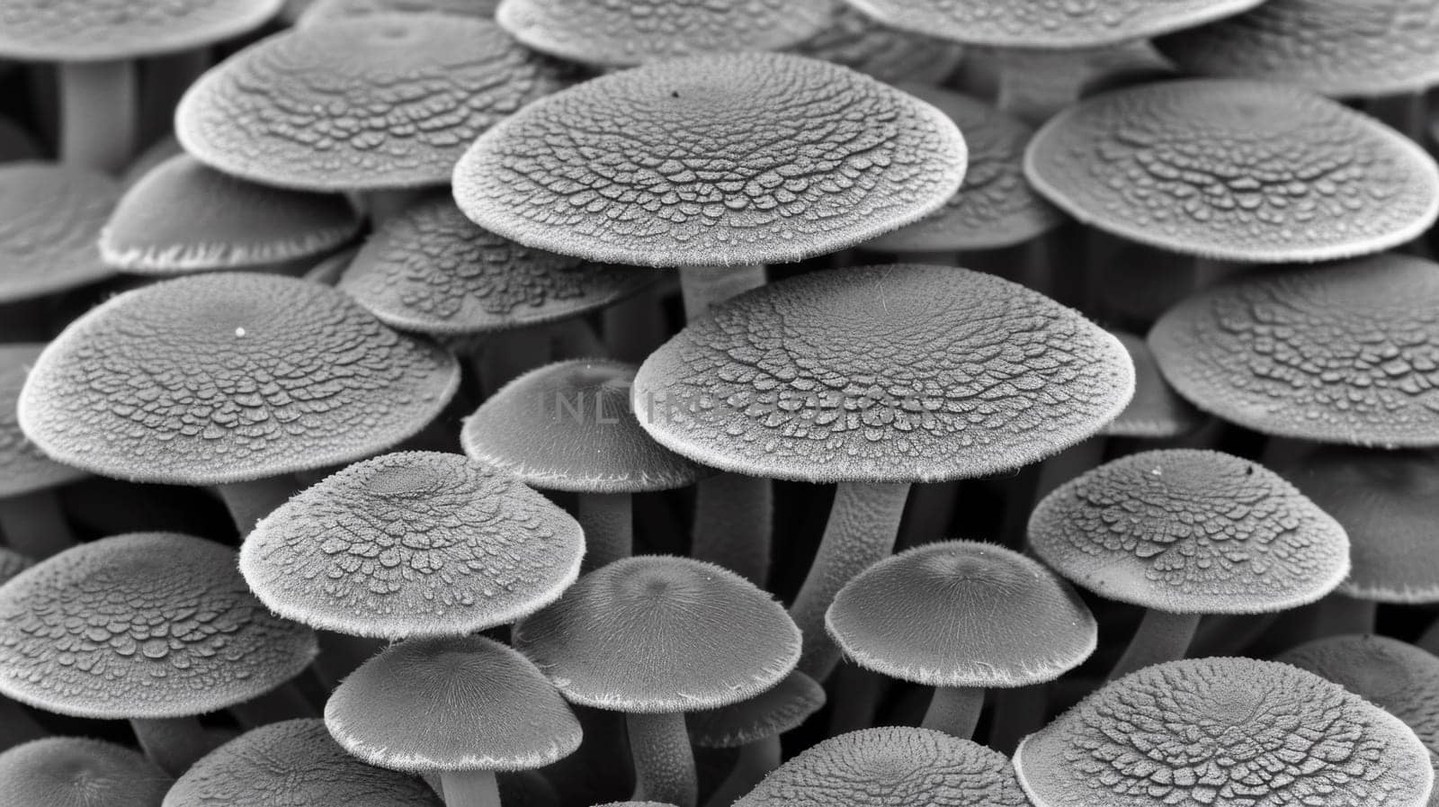 A close up of a bunch of mushrooms in black and white