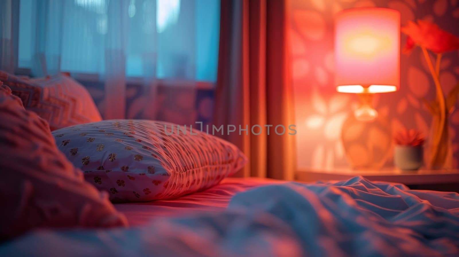 A bed with pillows and a lamp on it in the dark