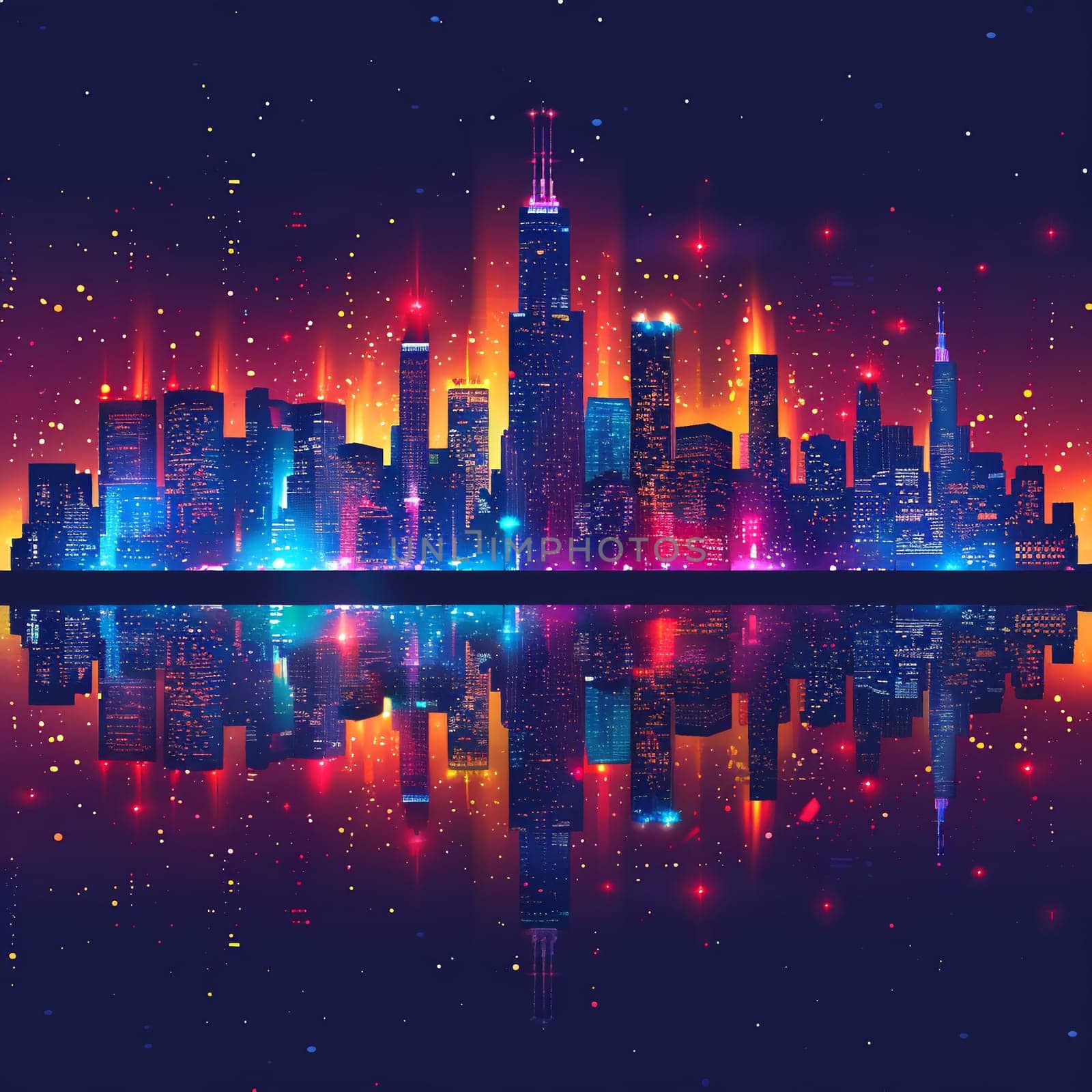 Illuminated city skyline at night, suitable for urban and dynamic design projects.