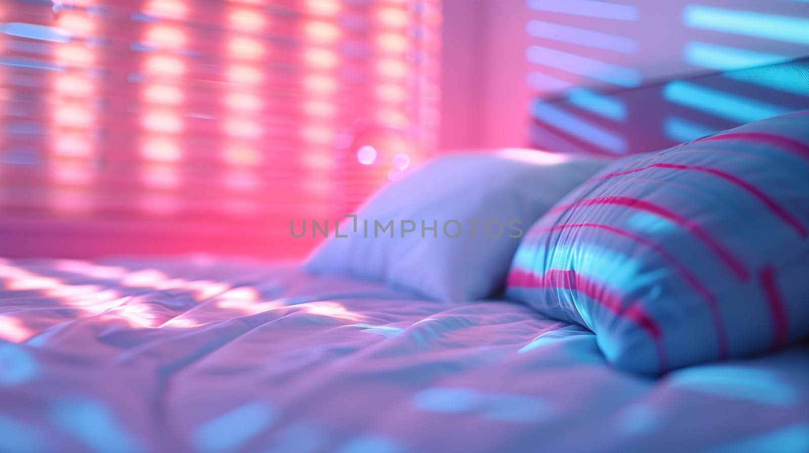 A bed with pillows and a window behind it in the sunlight