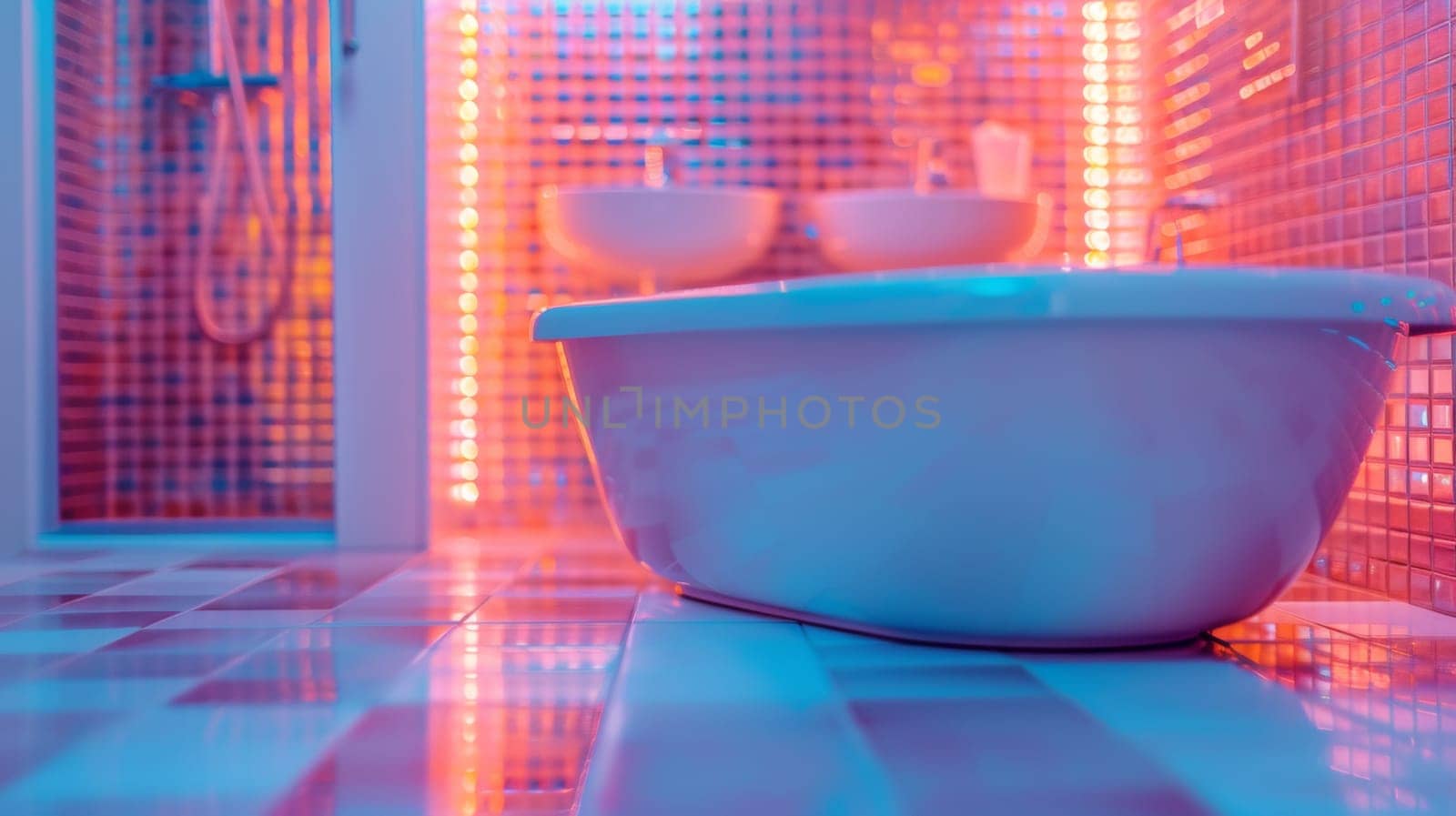 A bathtub sitting in a bathroom with lights on the wall