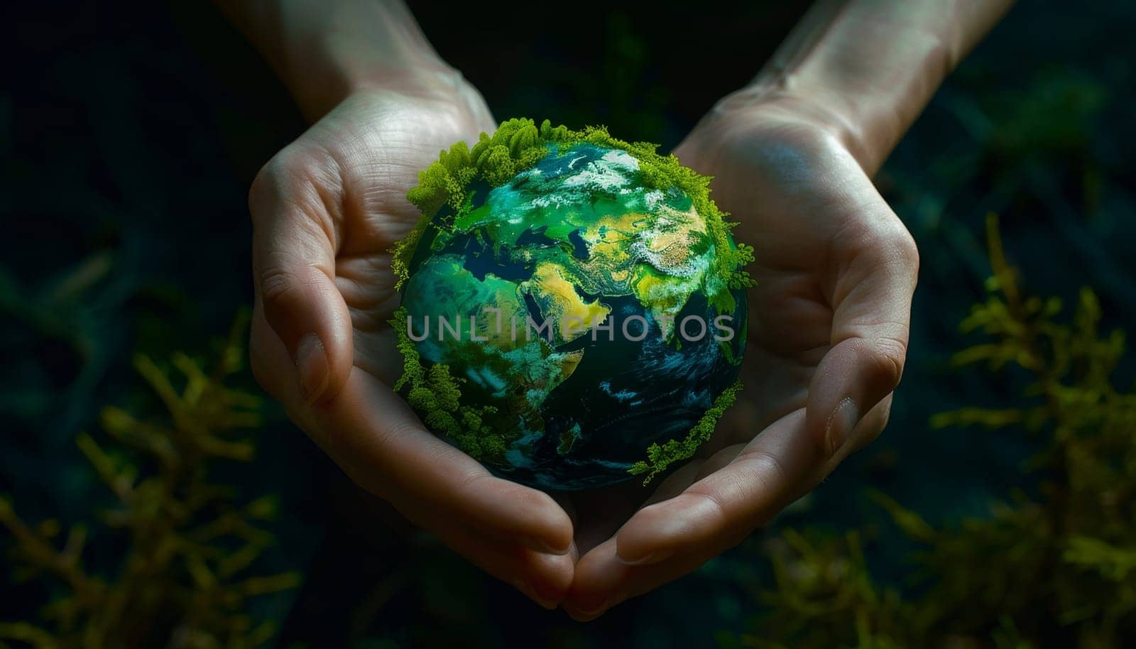 A person is holding a globe in their hands by AI generated image by wichayada