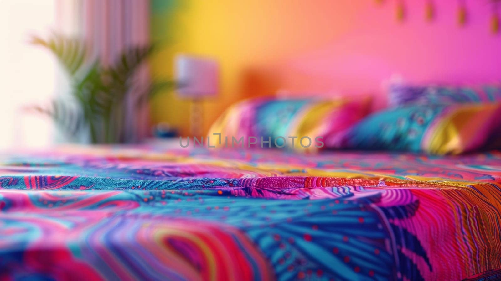 A colorful bed with a bright colored blanket and pillows