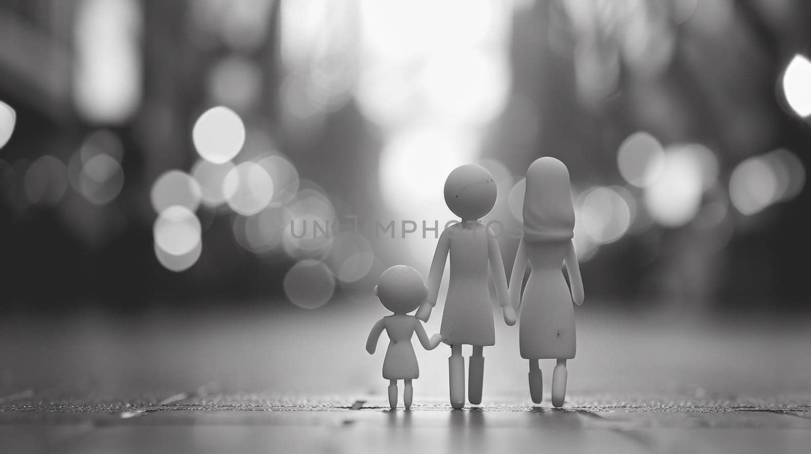 A black and white photo of a family walking down the street