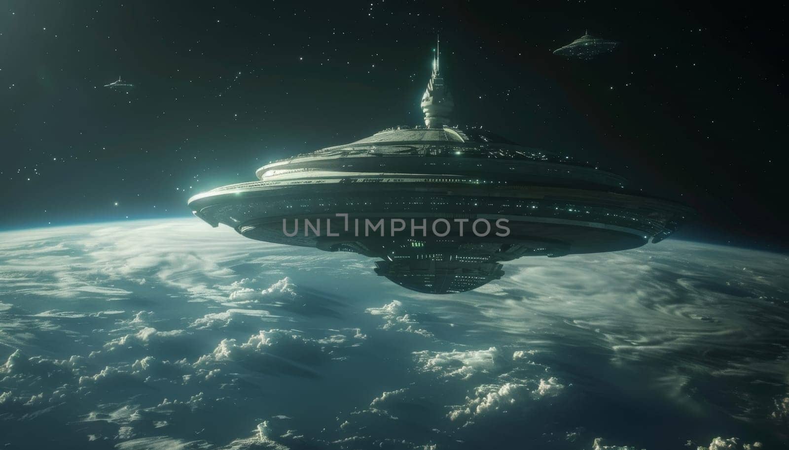 A space ship is flying in the sky above a planet by AI generated image by wichayada